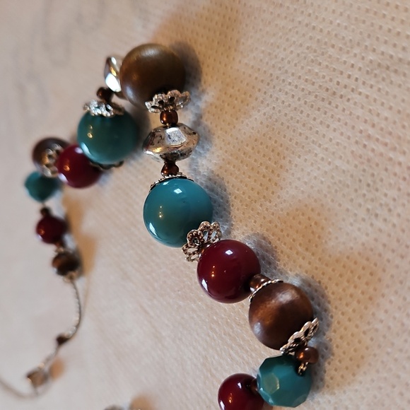 Silver, Turquoise, and Red Beaded Necklace and Earring Set - Picture 2 of 5